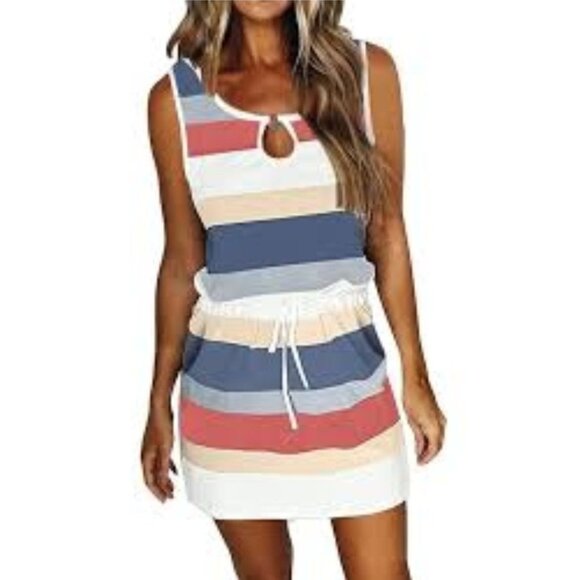 Womens Striped Sleeveless Dress Keyhole Neck & Drawstring Waist Size M Casual - Picture 1 of 11